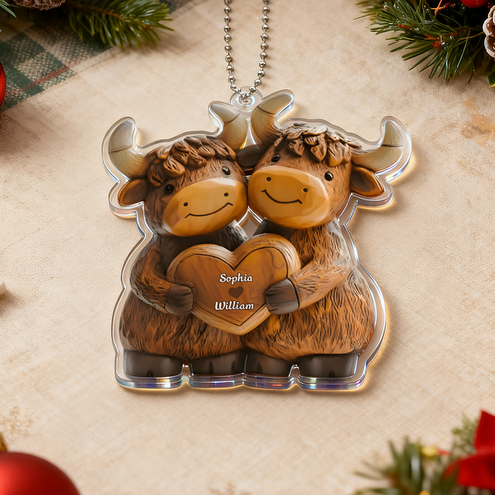 ハイランドカウルカップル - パーソナライズされたクリスマスアクリルオーナメント