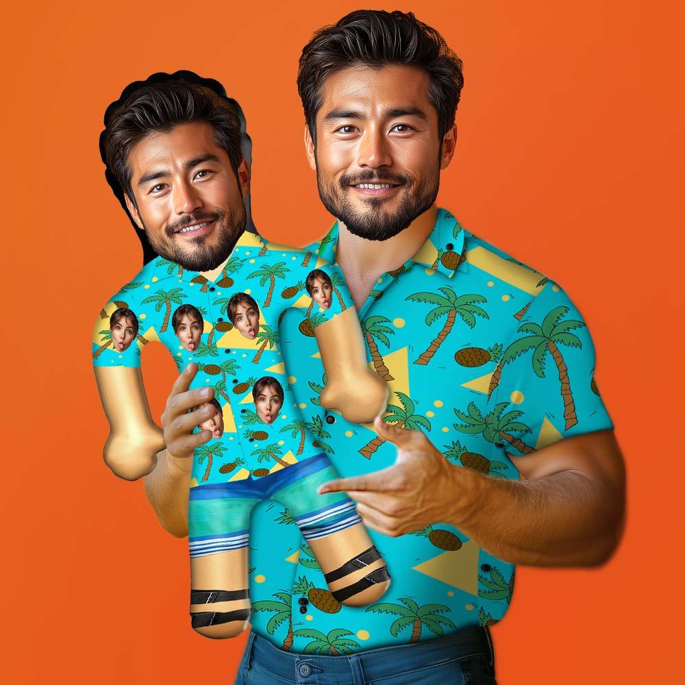 パーソナライズされたブローアップドール アロハシャツ ココナッツの木とパイナップル 面白いインフレータブルマン フェイスプリント パーティーの記念品に