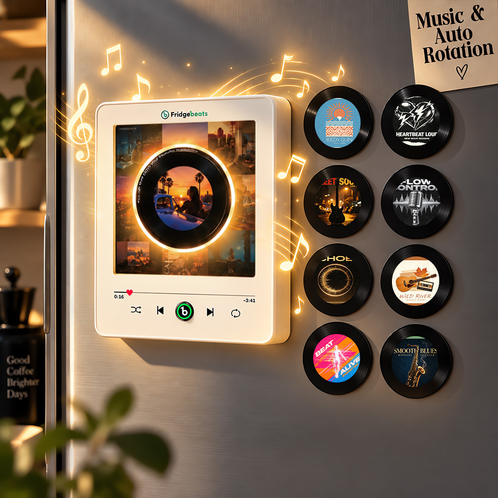 パーソナライズされた写真と音楽のレコード型冷蔵庫マグネット（回転レコード付き） – ダイナミックLEDライト搭載カスタムレコード V6.0