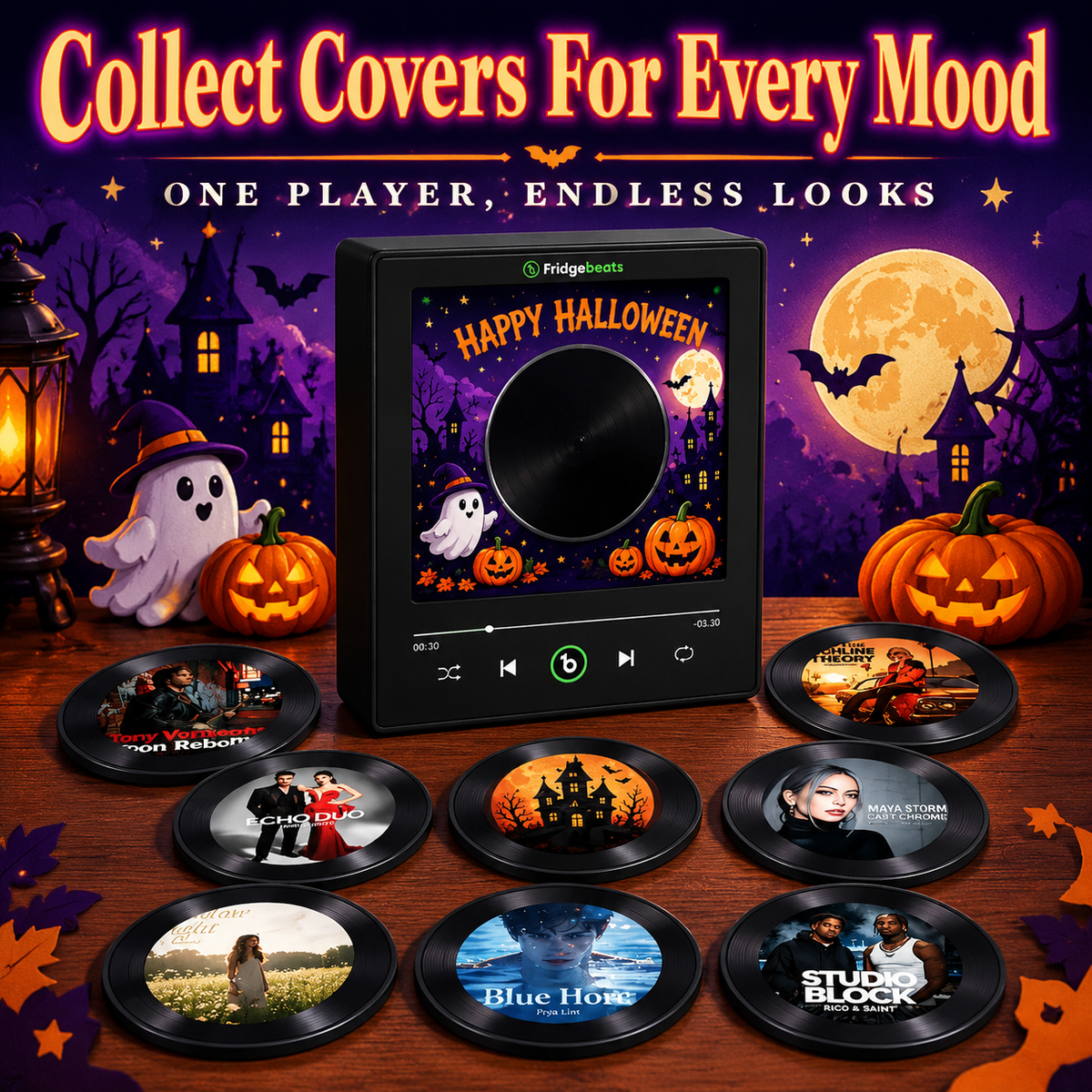 ハロウィンギフト ハロウィン磁気冷蔵庫ビニール音楽プレーヤーセット テーマディスク9枚付き - お祝いキッチン装飾 GiftFridgebeats V6.0