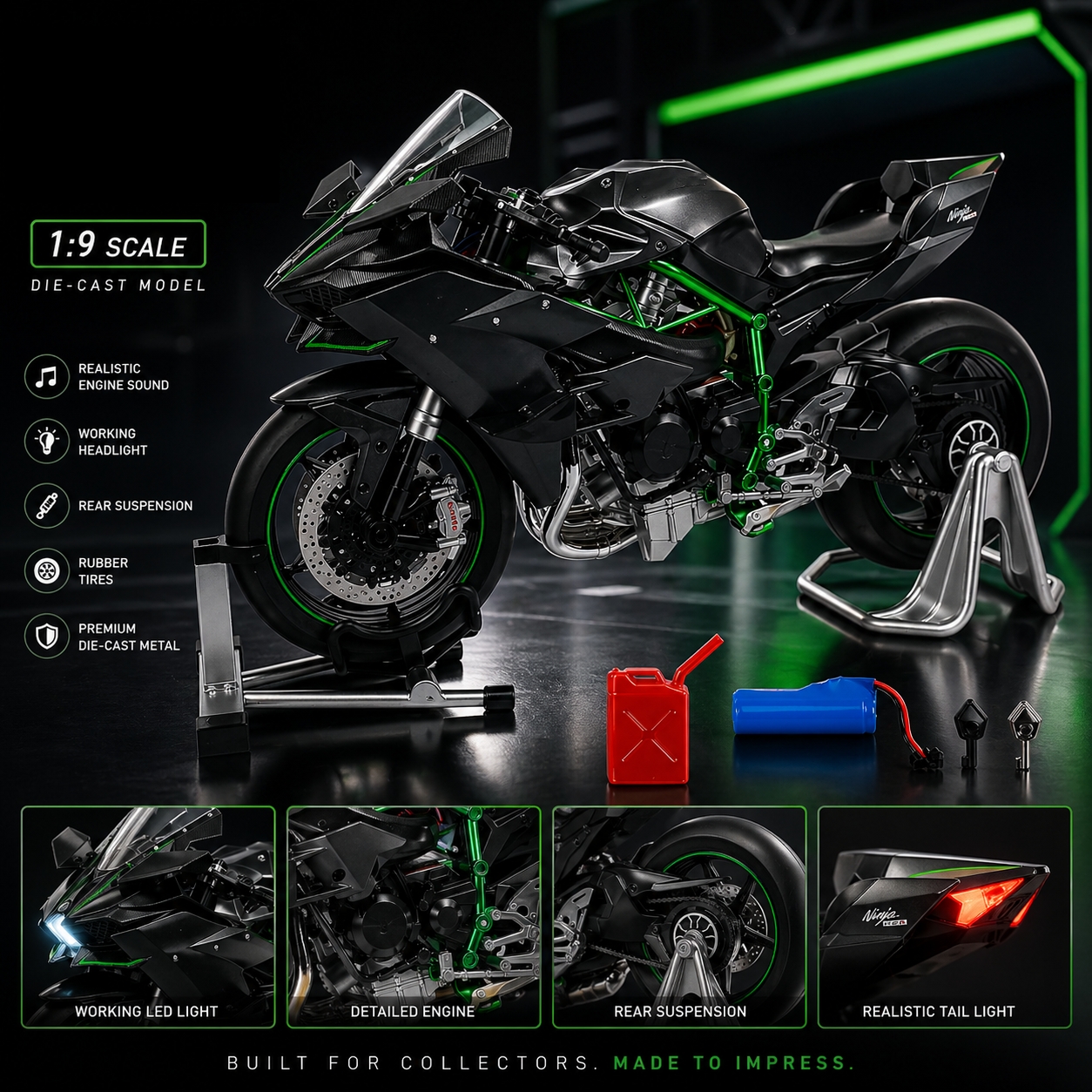 H2R 用オートバイモデル模造キーサウンドライトスプレーモト付きメタルダイキャストオートバイモデル