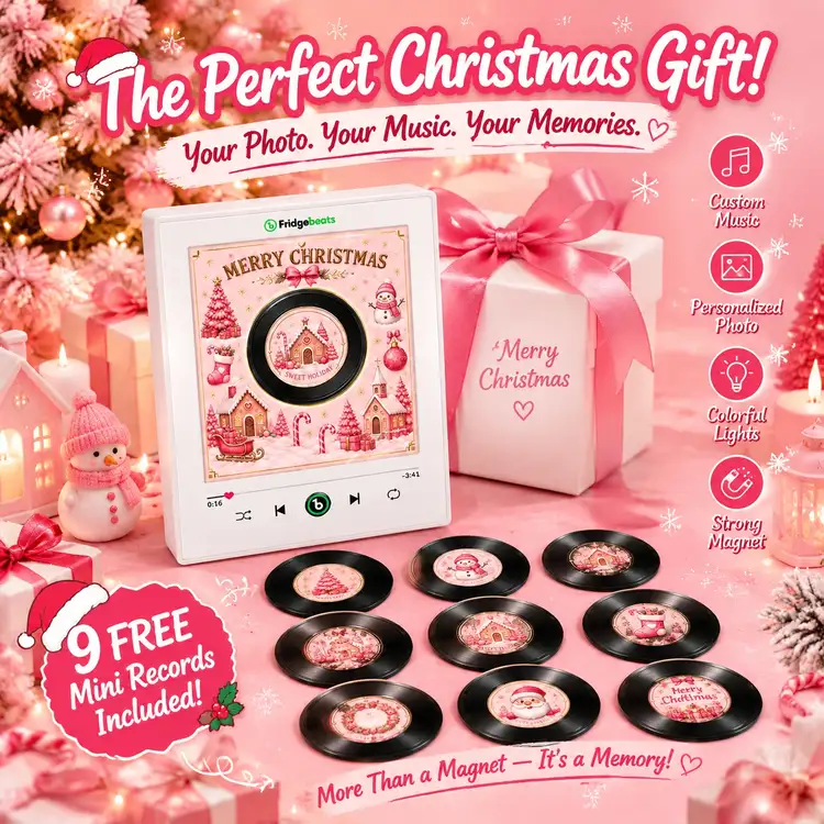 クリスマス ギフト Fridgebeats V6.0 クリスマス パーソナライズされた写真と音楽 回転レコード付きビニール製冷蔵庫マグネット - ダイナミック LED ライト付きカスタム レコードFridgebeats V6.0