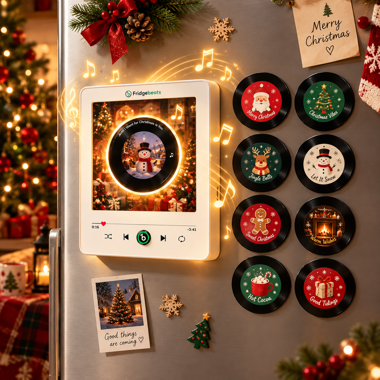 クリスマスギフト パーソナライズされた写真と音楽 回転レコード付きビニール製冷蔵庫マグネット - ダイナミック LED ライト付きカスタムレコード Fridgebeats V6.0
