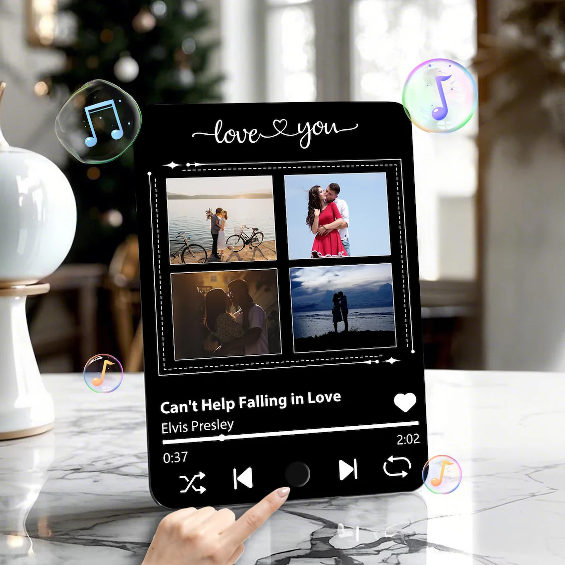 パーソナライズされたギフトソングプレート - 曲再生機能付きカスタムミュージックフォトフレーム | カップルへの記念日、誕生日、クリスマスギフト