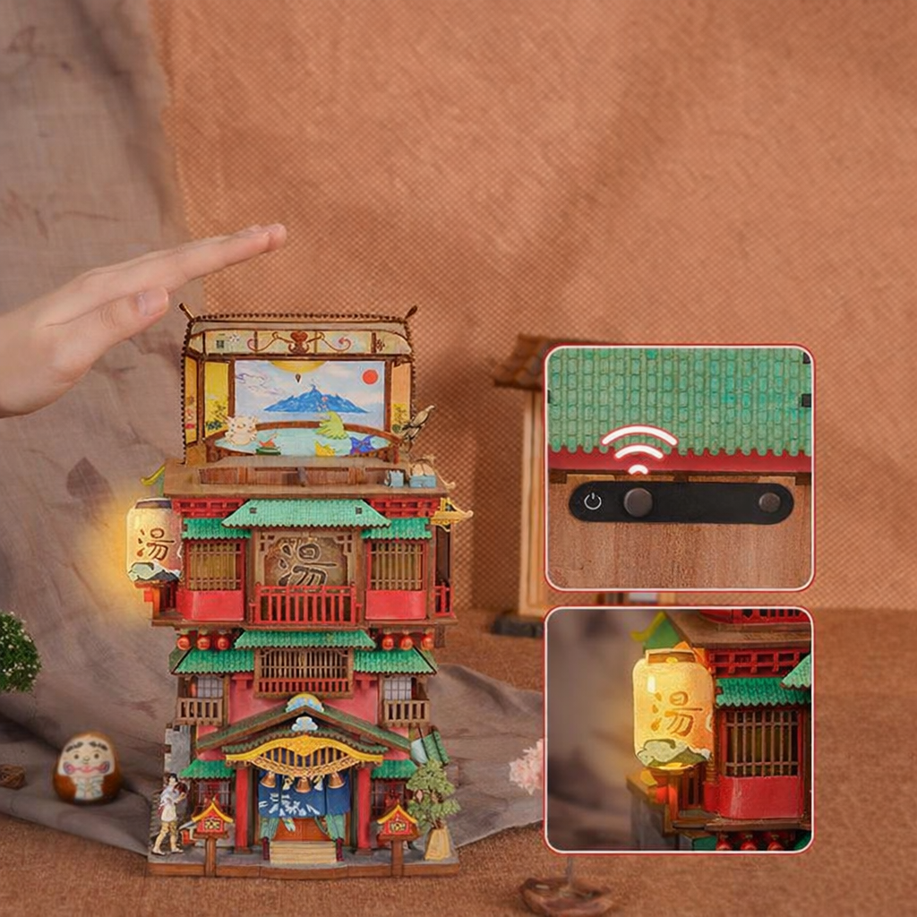 温泉物語ミニチュアクラフトキット:自動開閉スマート収納付き温泉ジオラマdiy