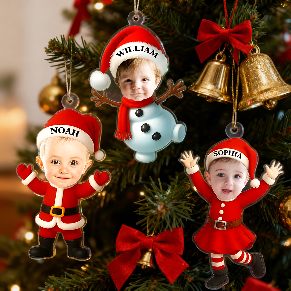 Custom Baby's First Christmas Acrylic Ornament: Photo Santa, Elf & Gingerbread Design