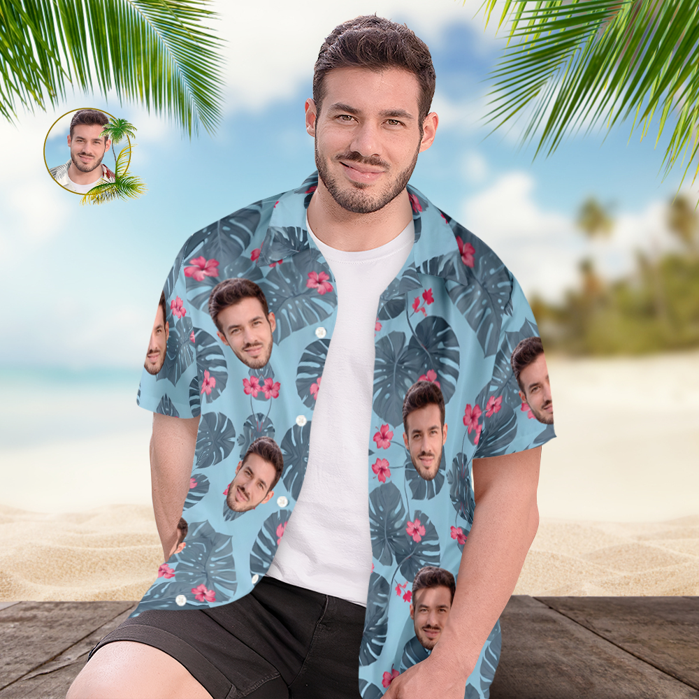 Personalized Men's Face Hawaiian Shirts Vacation Party Gifts - Leaves