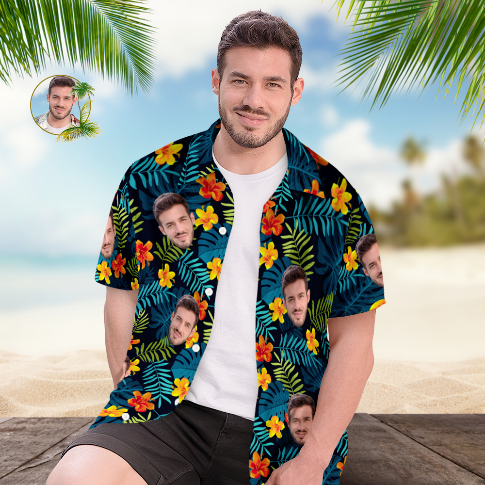 Custom Hawaiian Shirts Personalized Men's Face Hawaiian Shirts Vacation Party Gifts Leaves and Flowers
