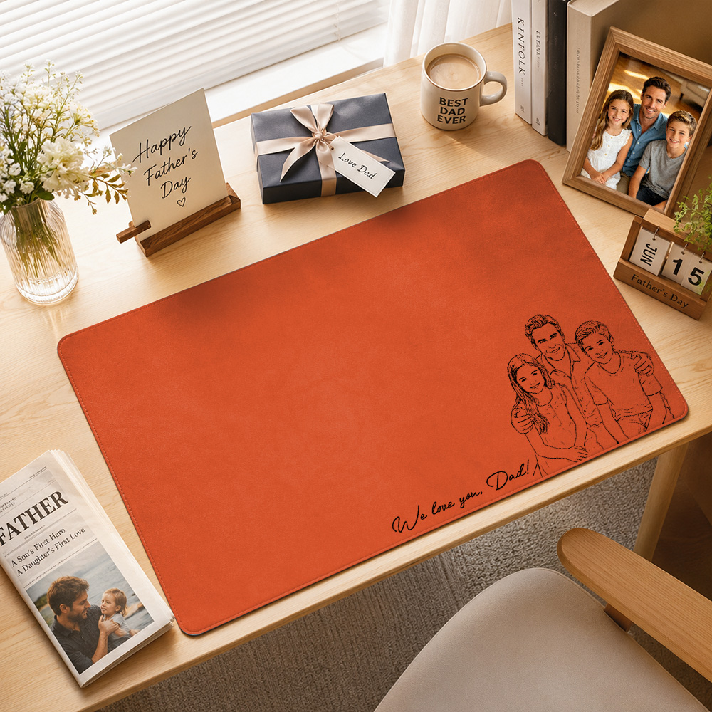 Custom Text And Photo Sketch Line Art Desk Mat For Dad Husband Father's Day Gift