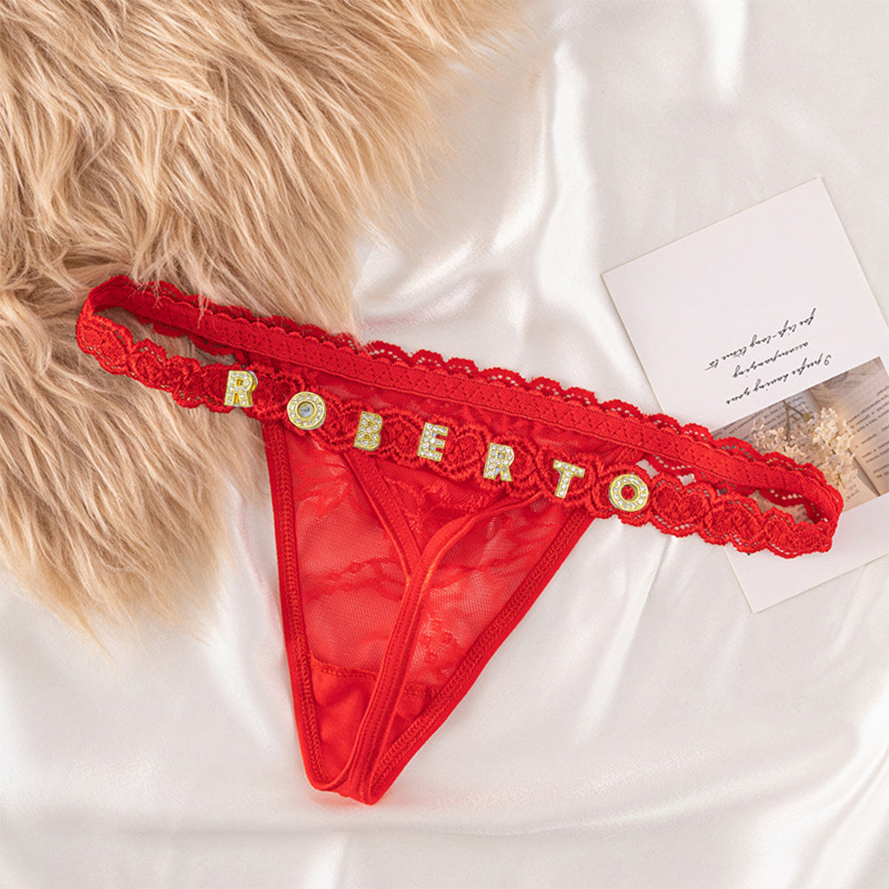 Valentine's Gifts Custom Lace Thongs with Jewelry Crystal Letter Name Gift for Her