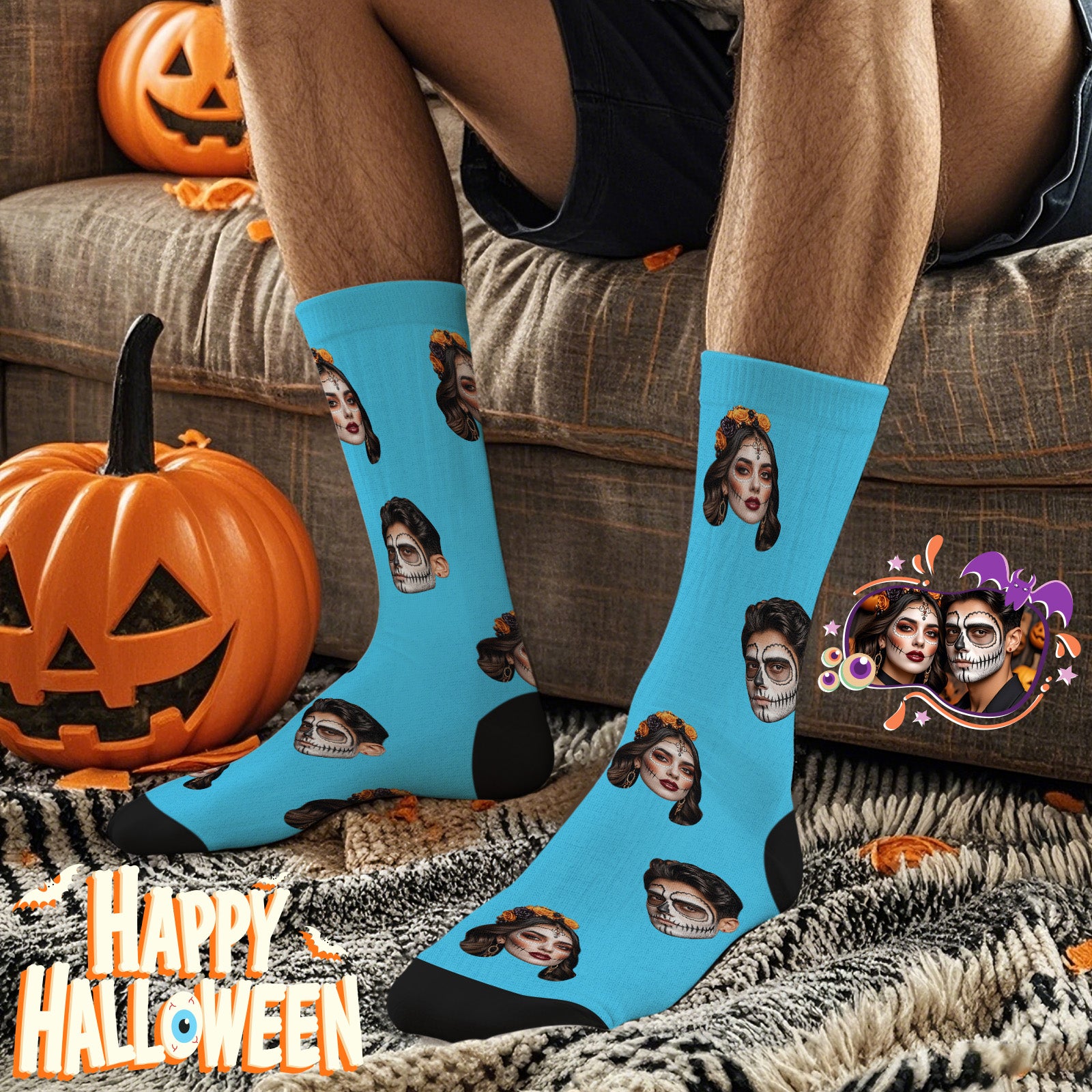 Halloween's Gifts Custom Face Socks With Your Text 3D Preview Colorful Socks