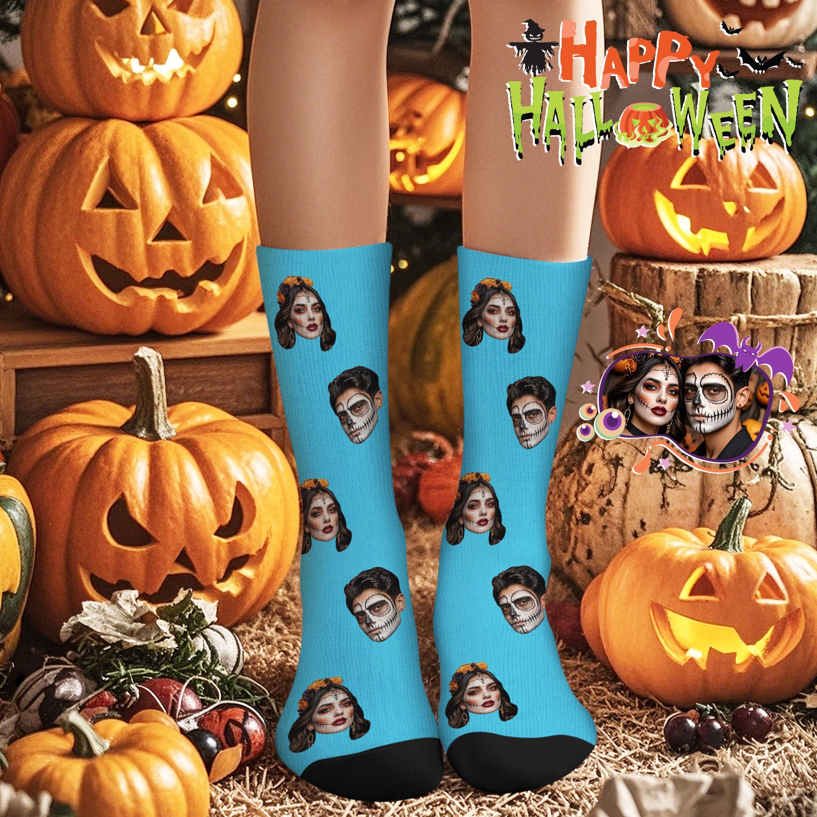 Halloween's Gifts Custom Face Socks With Your Text 3D Preview Colorful Socks