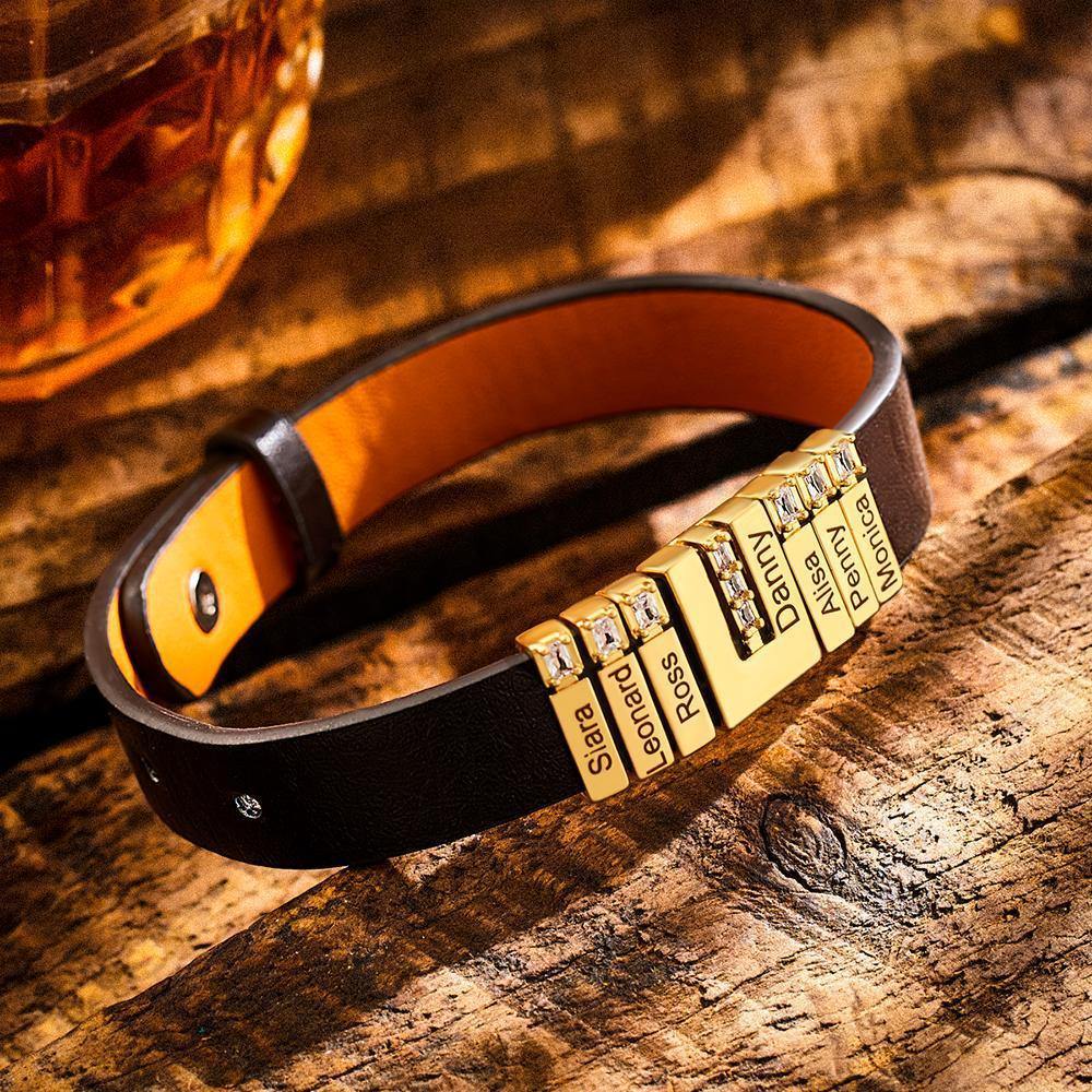Men's Personalized Leather Bracelet With Adjustable Diamond Beads, Perfect Gift For Father's Day 14k Gold Plated Stainless Steel