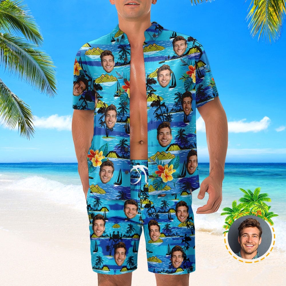 Vice City Custom Face Hawaiian Shirt And Beach Shorts Set Personalized Men's Photo Gang Style Set Vacation Party Gift