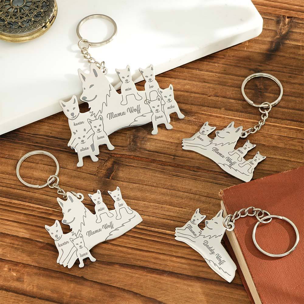 Personalized Wolf Keychain with Engraved Family Names Gift for Family