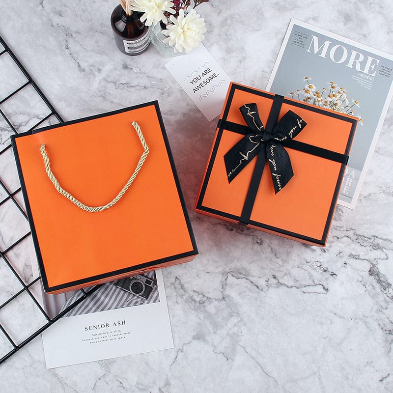 Orange Square Shaped Presentation Gift Box with Bow Ribbon