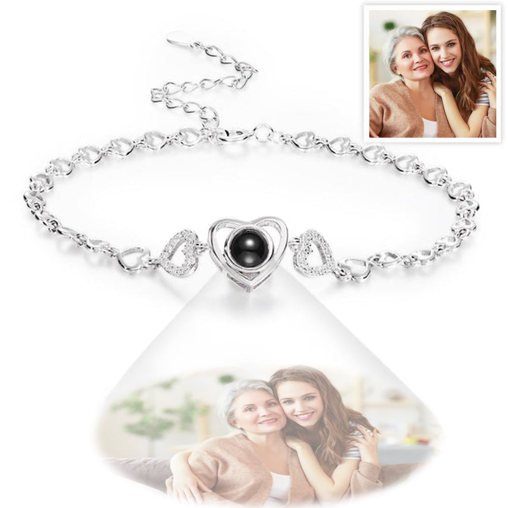 Mother's Day Gifts Custom Photo Projection Heart Link Bracelet Personalized Sterling Silver Bracelet