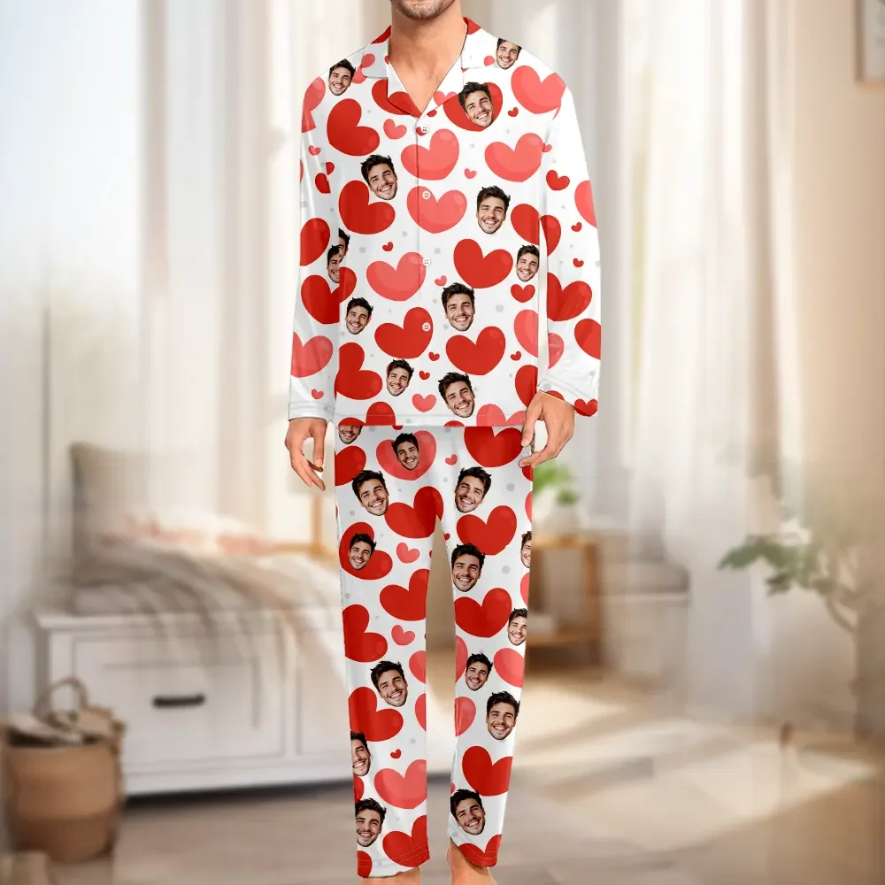 Custom Face Long Sleeve Pajamas Red Heart Couple Pajamas