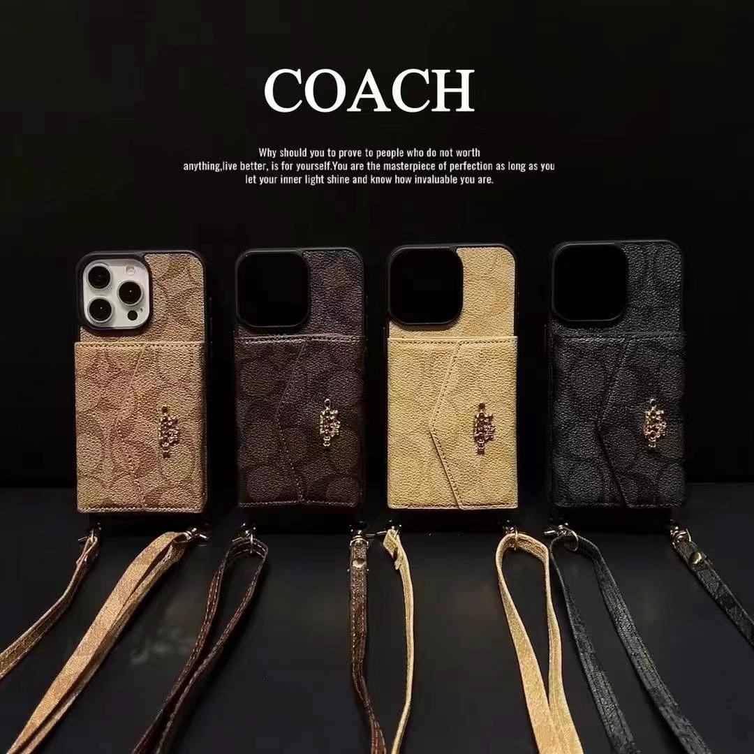 Coach手風琴款黑邊手機卡包(帶背帶)-美觀與使用結合! 專櫃皮質製作,不與地攤貨比較!