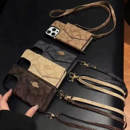 Coach手風琴款黑邊手機卡包（帶背帶）-美觀與使用結合！ 專櫃皮質製作，不與地攤貨比較！