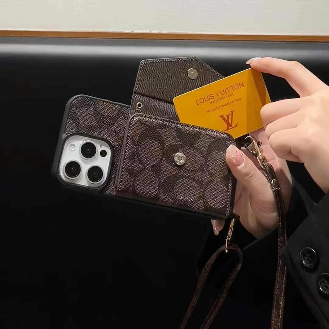 Coach手風琴款黑邊手機卡包(帶背帶)-美觀與使用結合! 專櫃皮質製作,不與地攤貨比較!