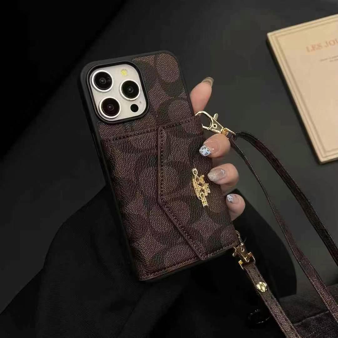 Coach手風琴款黑邊手機卡包(帶背帶)-美觀與使用結合! 專櫃皮質製作,不與地攤貨比較!