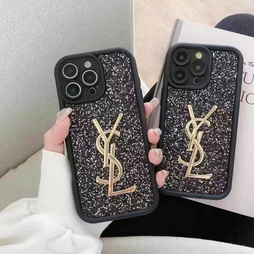 YSL聖羅蘭閃粉金屬手機殼(不帶手鏈)-美觀與使用結合! 專櫃皮質製作,不與地攤貨比較!