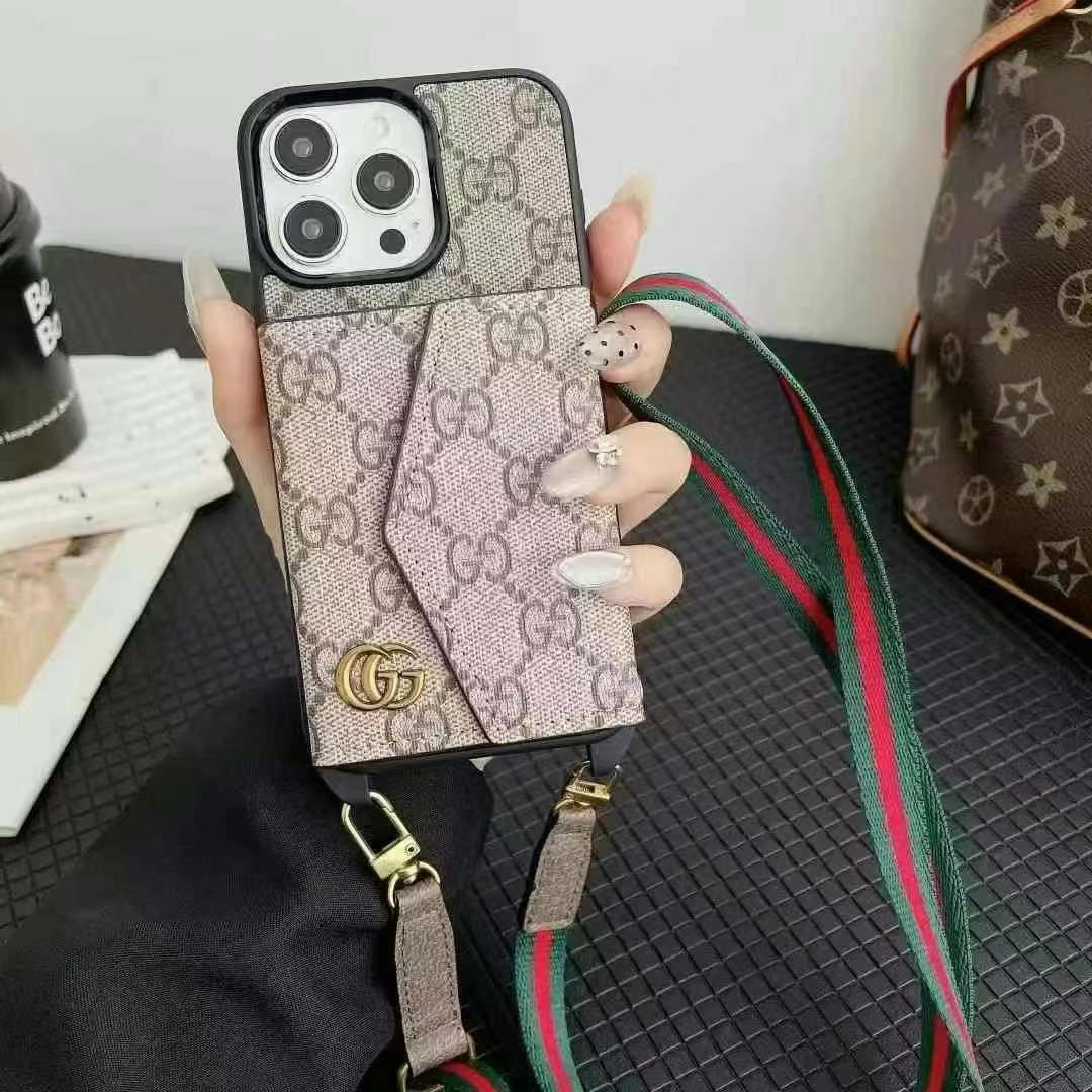 LV路易斯威登GUCCI經典老花手風琴手機卡包小LOGO(帶背帶)-美觀與使用結合! 專櫃皮質製作,不與地攤貨比較!