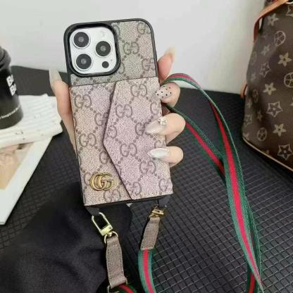 LV路易斯威登GUCCI經典老花手風琴手機卡包小LOGO（帶背帶）-美觀與使用結合！ 專櫃皮質製作，不與地攤貨比較！