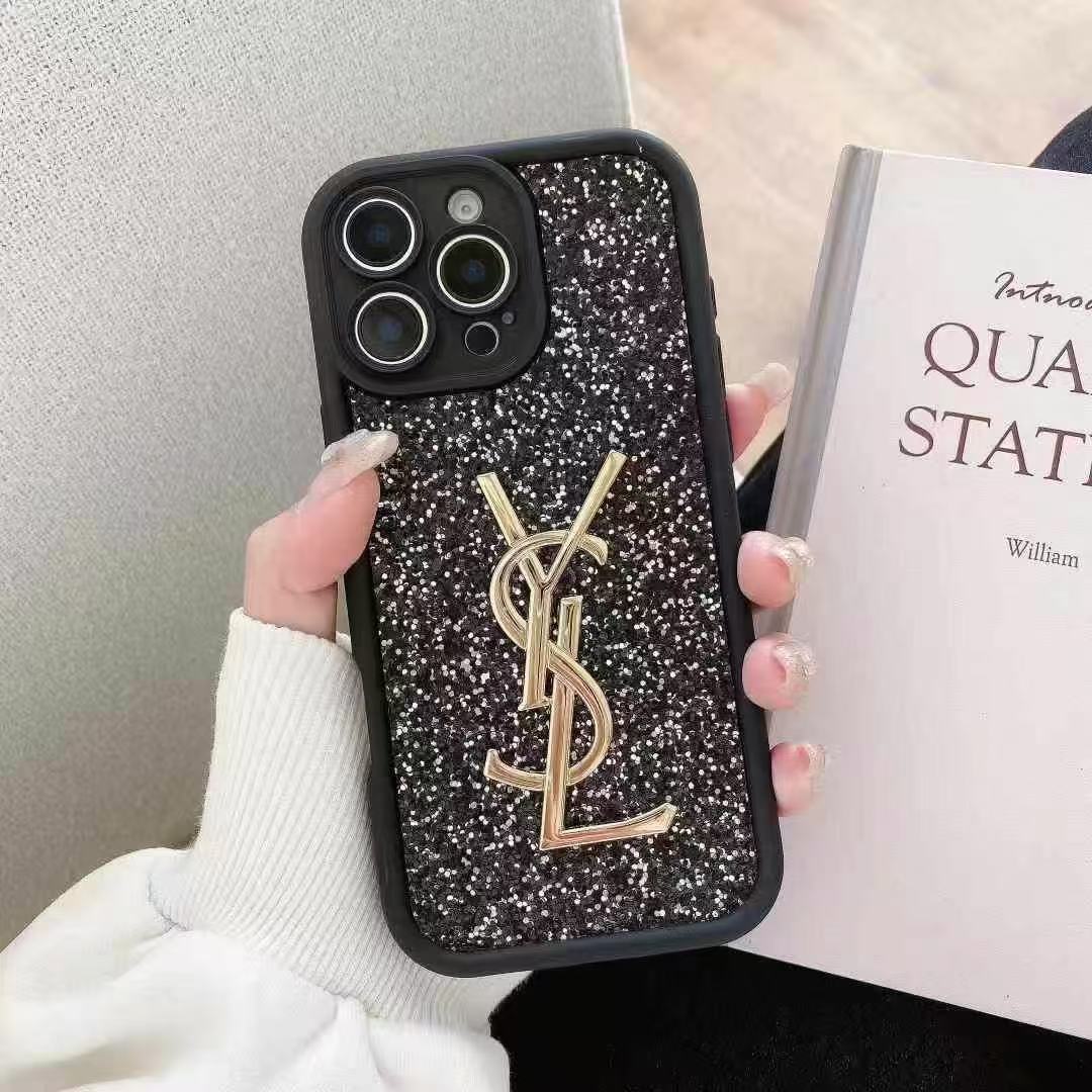 YSL聖羅蘭閃粉金屬手機殼(不帶手鏈)-美觀與使用結合! 專櫃皮質製作,不與地攤貨比較!