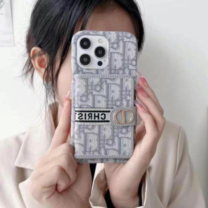 DIOR迪奧刺繡款手機卡包（帶背帶）-美觀與使用結合！ 專櫃皮質製作，不與地攤貨比較！