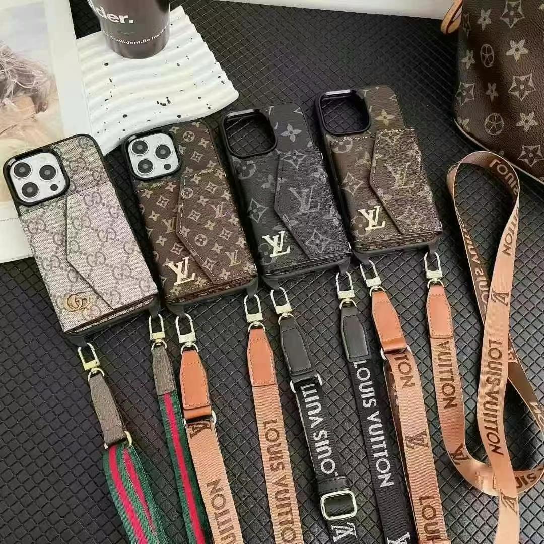 LV路易斯威登GUCCI經典老花手風琴手機卡包小LOGO(帶背帶)-美觀與使用結合! 專櫃皮質製作,不與地攤貨比較!