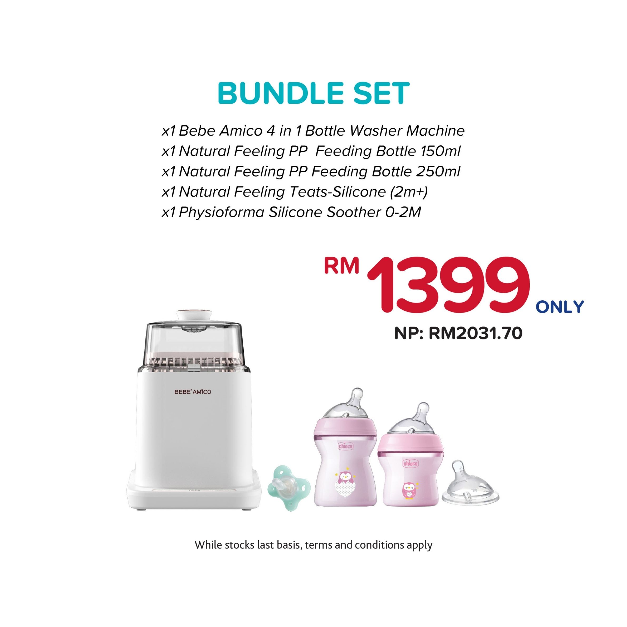 (Bundle Set) Bebe Amico Official Store Smart 4-in-1 Bottle Washing Machine & Natural Feeling PP Feeding Essentials Set