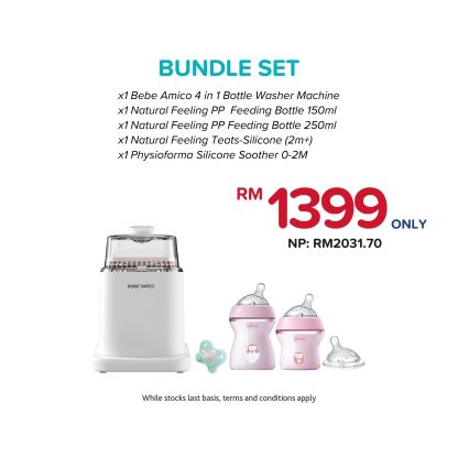 (Bundle Set) Bebe Amico Official Store Smart 4-in-1 Bottle Washing Machine & Natural Feeling PP Feeding Essentials Set