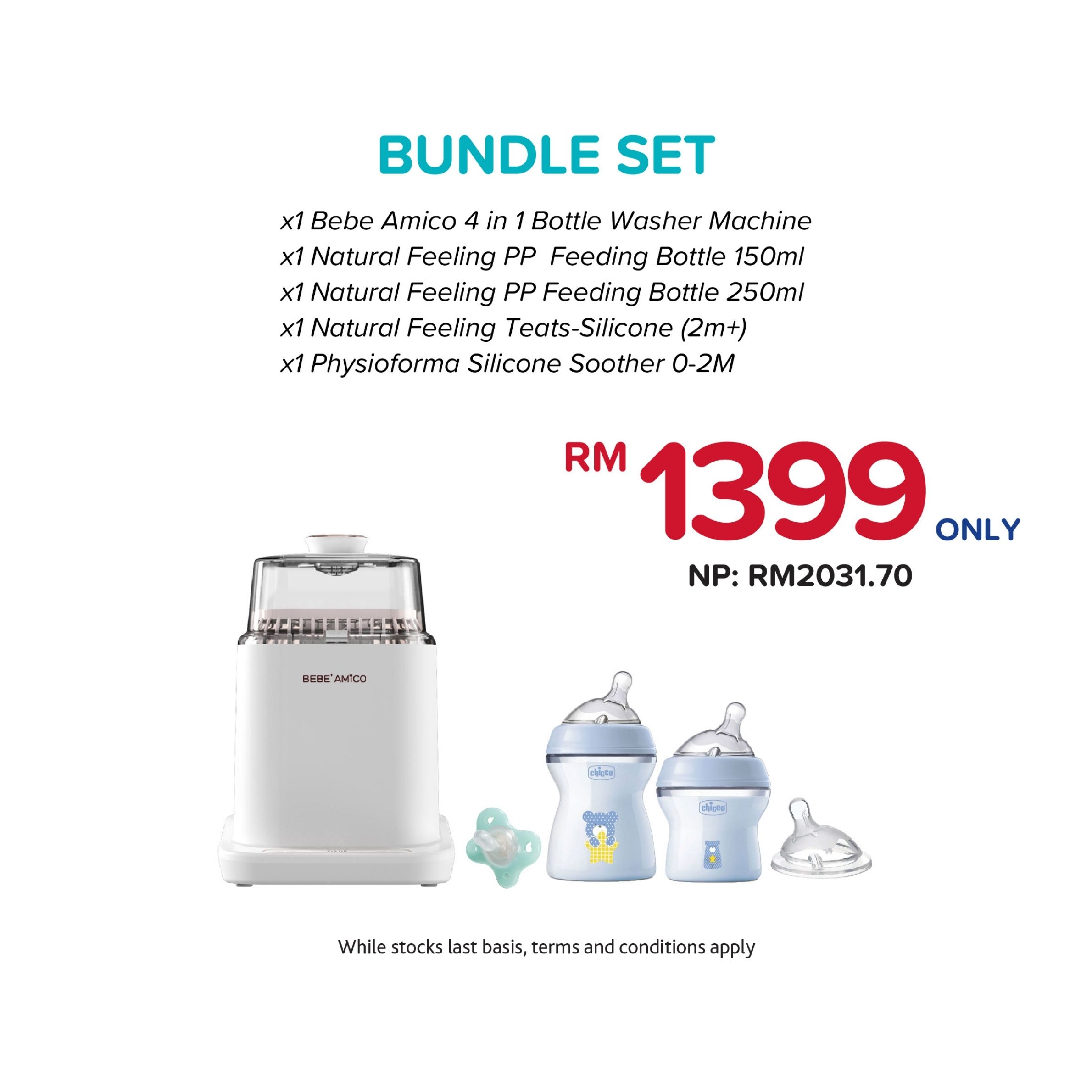 (Bundle Set) Bebe Amico Official Store Smart 4-in-1 Bottle Washing Machine & Natural Feeling PP Feeding Essentials Set