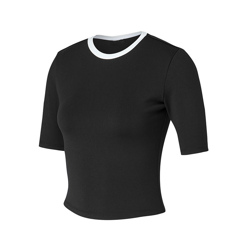 The round neckline is color-blocked to slim the golf women's tennis short sleeves