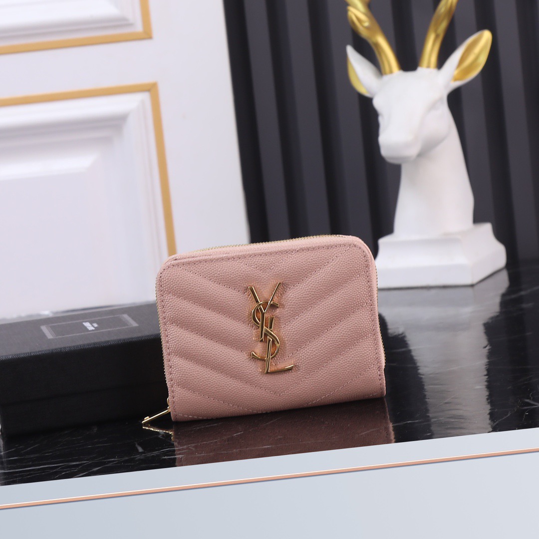 サンローラン「Saint Laurent」モノグラム コンパクト ジップアラウンド ウォレット（グレイン ド プードル エンボスレザー）