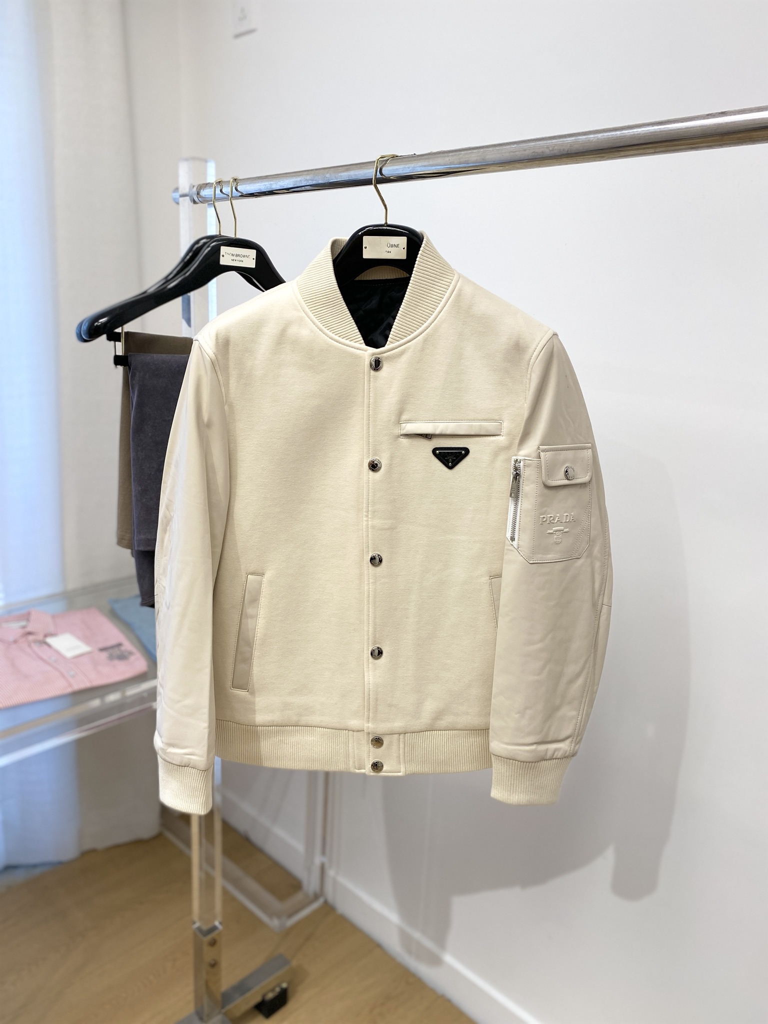 プラダ「Prada」2024 新作 PUレザー&ファブリック ミックスジャケット