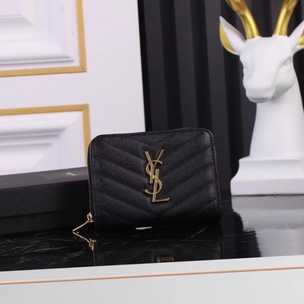 サンローラン「Saint Laurent」モノグラム コンパクト ジップアラウンド ウォレット（グレイン ド プードル エンボスレザー）