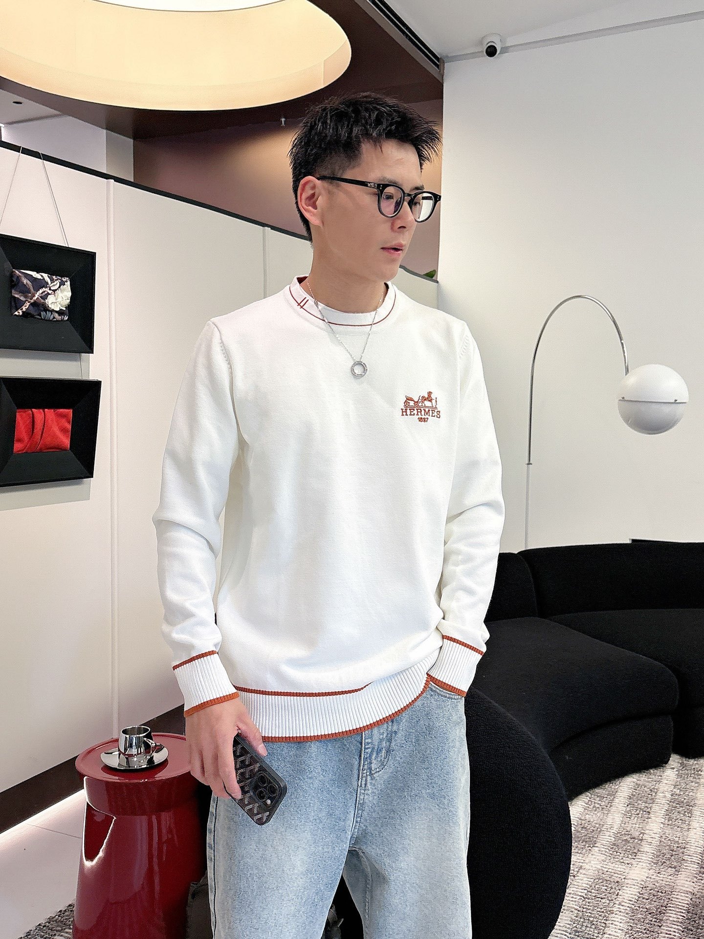 エルメス「Hermès」秋冬全身ジャージー柄新作シンプル丸首ニットウールセーター