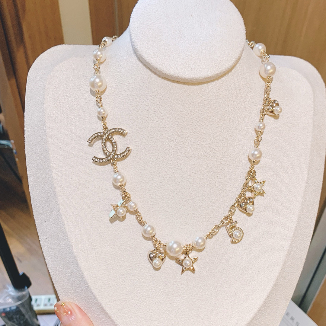 シャネル「Chanel」ハート ダブルC パール＆ダイヤモンド ネックレス38cm～42cm