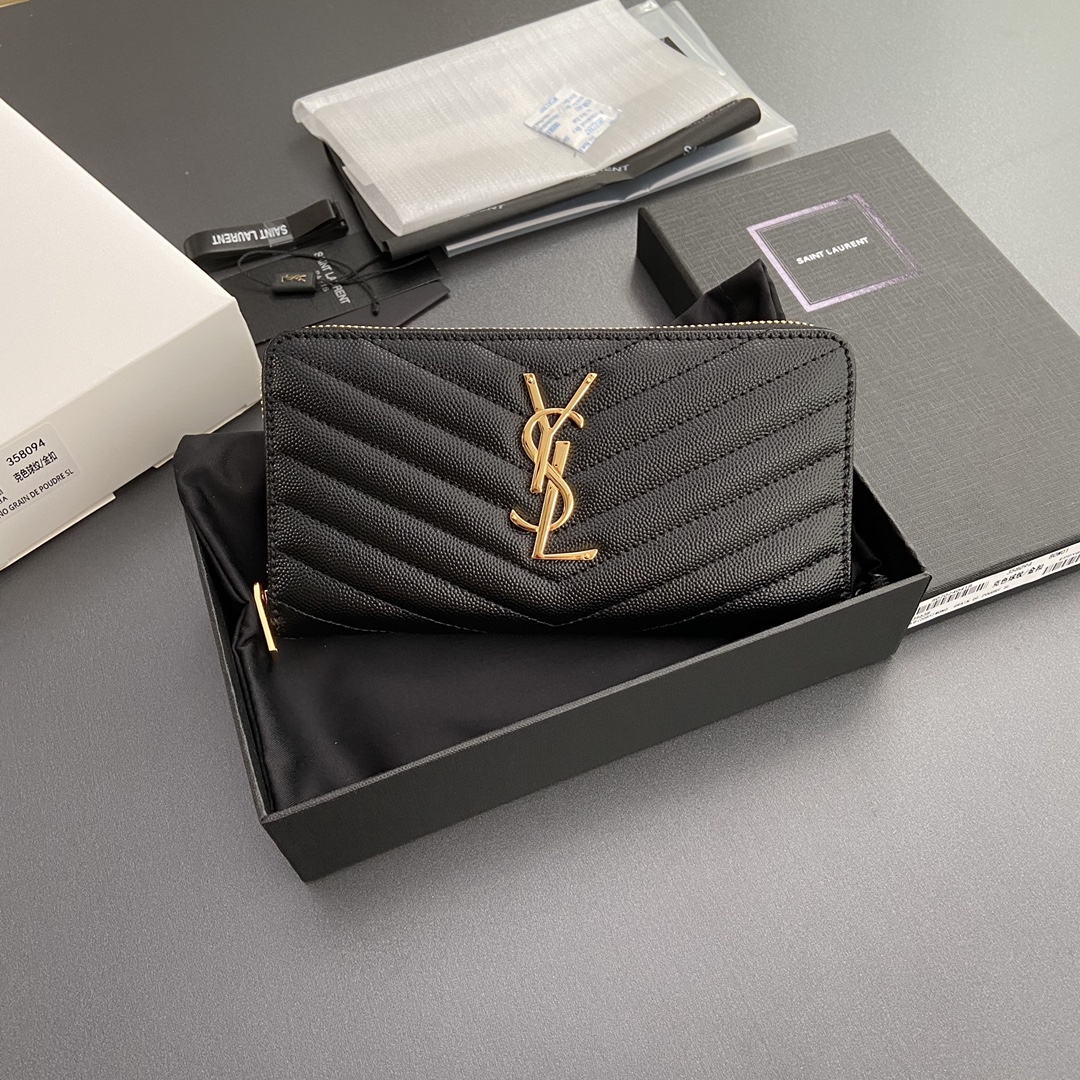 サンローラン「Saint Laurent」モノグラム・サンローラン フルジップウォレット（グレインパウダーテクスチャー キルティングレザー）
