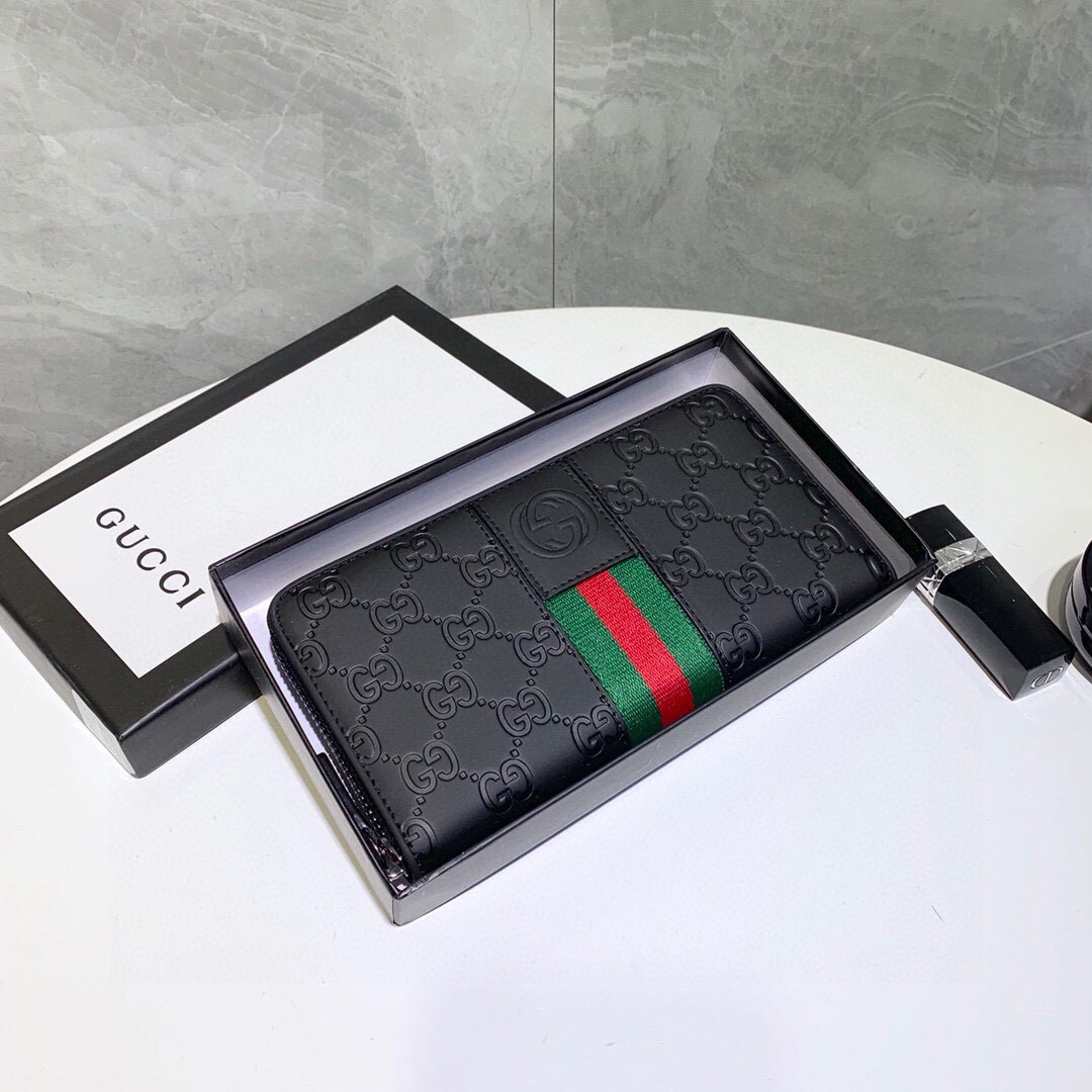 グッチ「Gucci」シグネチャー レザー ウェブ ジップアラウンドウォレット