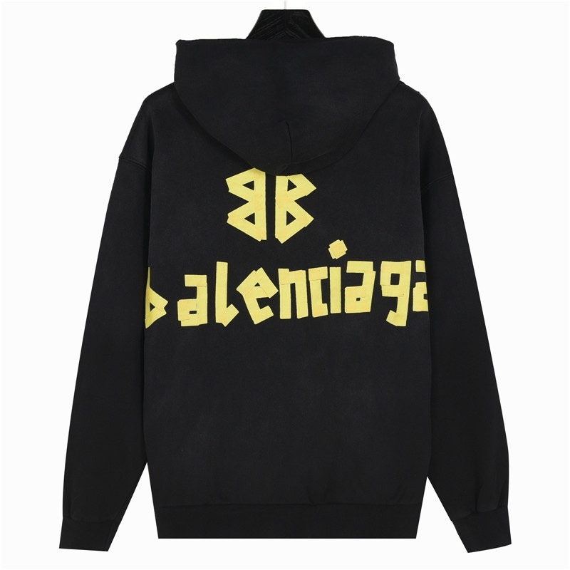 Balenciga（バレンシアガ） スクラッチ（磨破）とマスキングテープ（胶带）デザインのフード付きスウェットシャツ