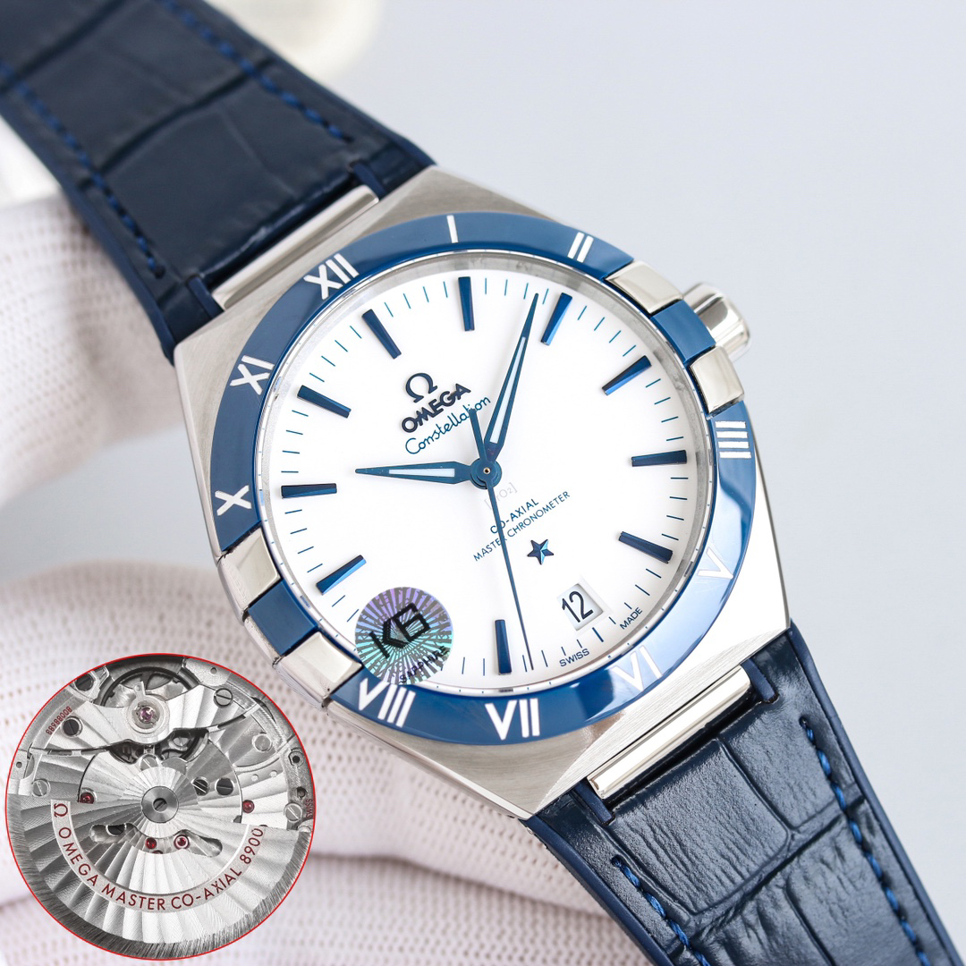 オメガ「Omega」Constellatio﻿n 41MM セラミックベゼル＆レザーストラップ メンズ腕時計 「4色」