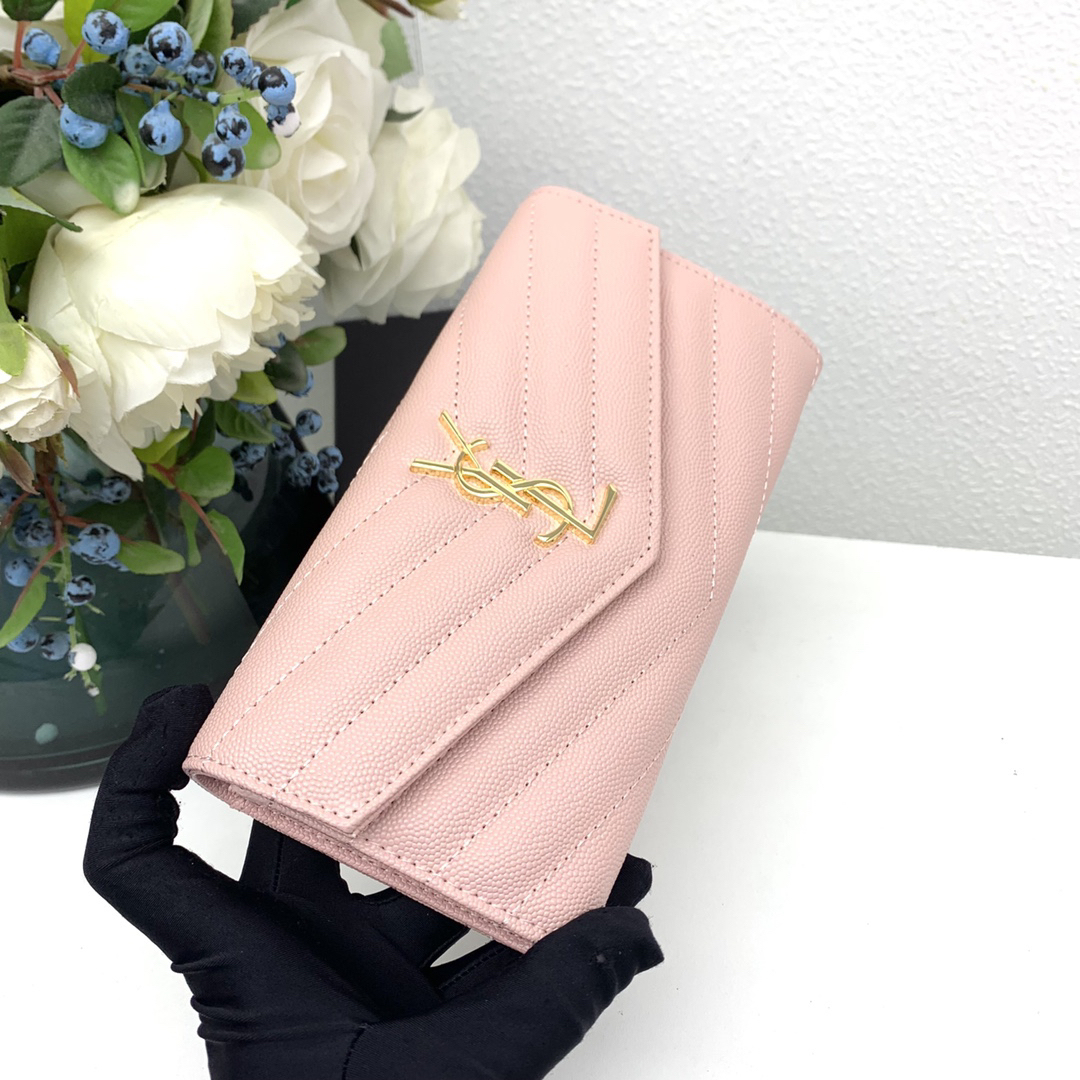 サンローラン「Saint Laurent」カサンドラ マトラッセ ラージ フラップウォレット（グレイン・ド・プードル エンボスレザー）