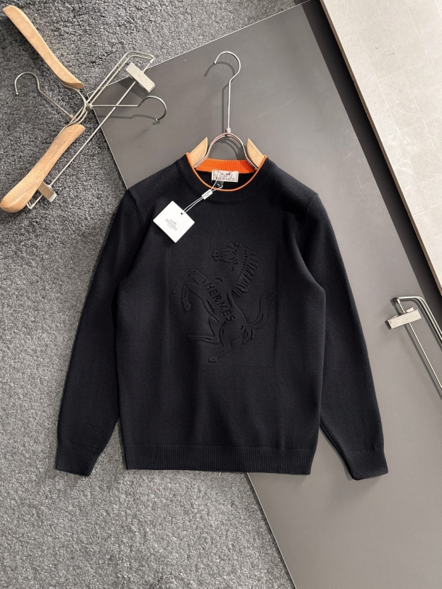 エルメス「Hermès」秋冬全身ジャージー柄新作シンプル丸首ニットウールセーター