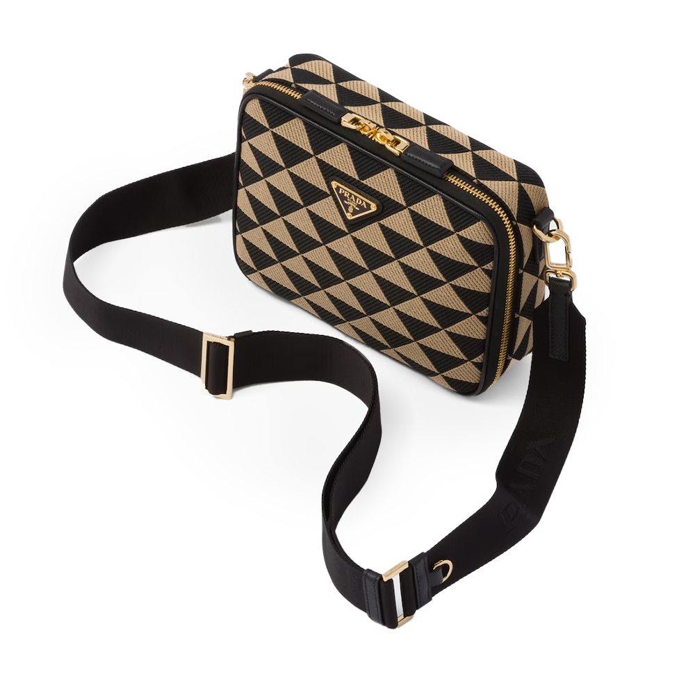 プラダ「Prada」 ブリック エンブロイダリーファブリック バッグ ブラック＋ベージュ