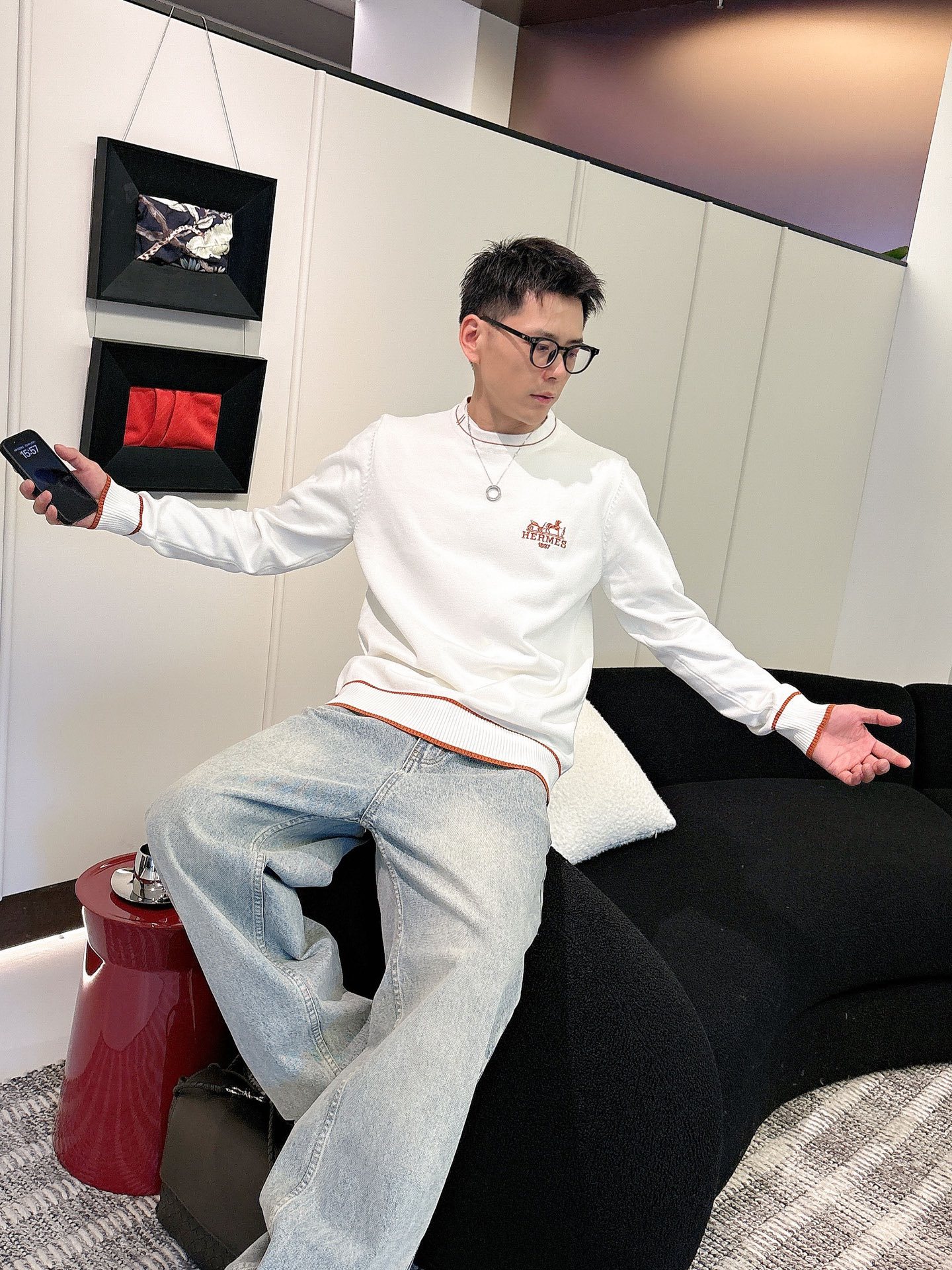 エルメス「Hermès」秋冬全身ジャージー柄新作シンプル丸首ニットウールセーター