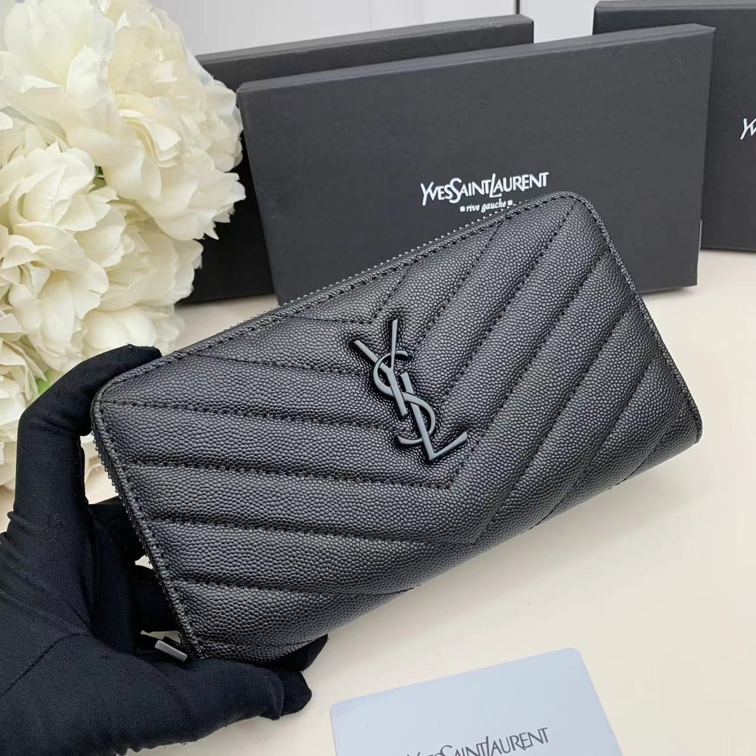 サンローラン「Saint Laurent」モノグラム・サンローラン フルジップウォレット（グレインパウダーテクスチャー キルティングレザー）